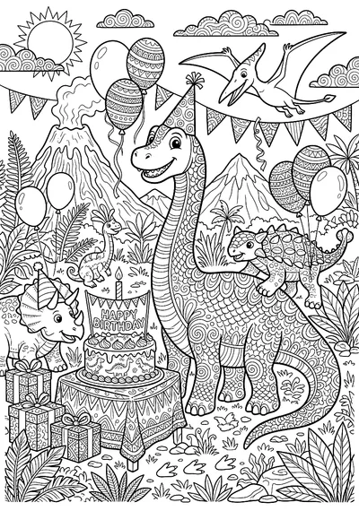 Ausmalbild: Dinosaurier feiert Geburtstag, detaillierter Stil für ältere Kinder