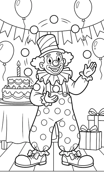 Ausmalbild: Clown jongliert auf einer Geburtstagsparty
