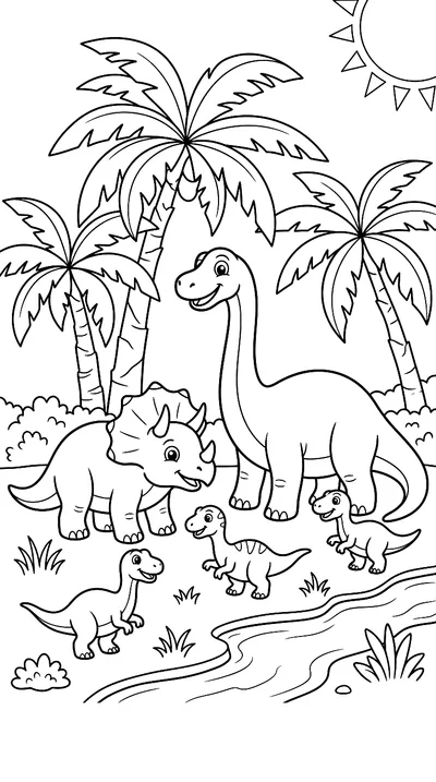 Ausmalbild: Dinosaurier-Familie unter Palmen