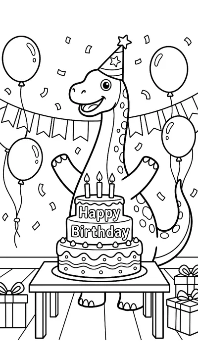 Ausmalbild: Dinosaurier feiert Geburtstag, einfacher Stil für kleine Kinder