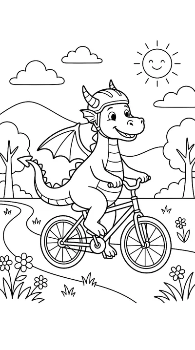 Ausmalbild: Drache auf einem Fahrrad, einfacher Stil