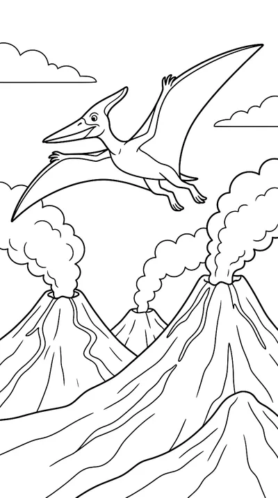 Ausmalbild: Flugsaurier gleitet über Vulkane