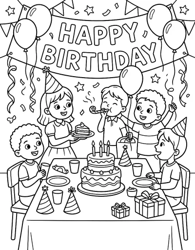 Ausmalbild: Kinder feiern eine bunte Geburtstagsparty