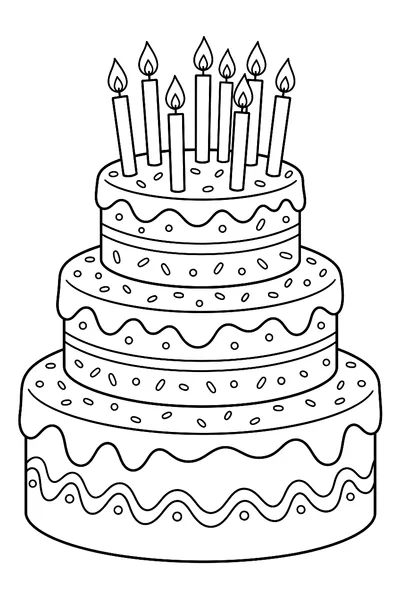 Ausmalbild: große Geburtstagstorte mit Kerzen