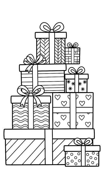 Ausmalbild: Stapel bunt verpackter Geschenke
