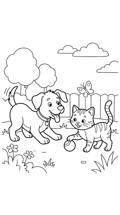 Ausmalbild: Hund und Katze spielen zusammen
