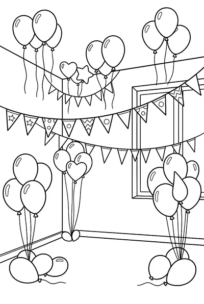 Ausmalbild: Luftballons und Wimpelgirlanden schmücken einen Raum