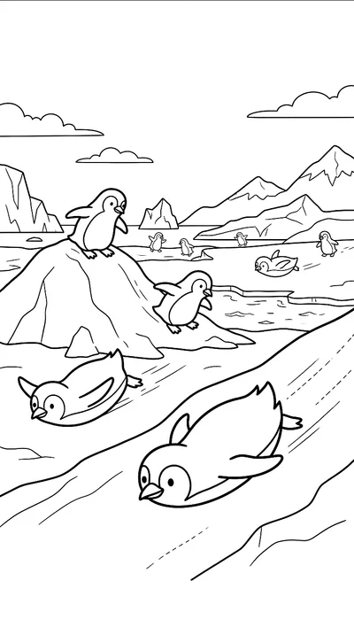 Ausmalbild: Pinguine rutschen über das Eis