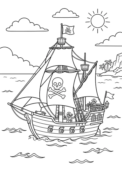 Ausmalbild: Piratenschiff auf hoher See, einfacher Stil