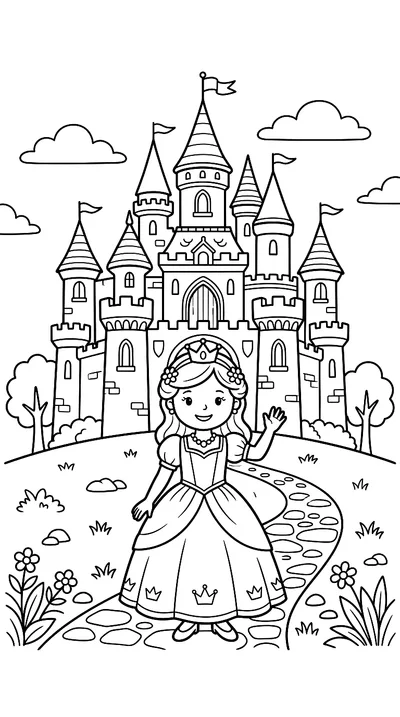 Ausmalbild: Prinzessin vor Märchenschloss, einfacher Stil