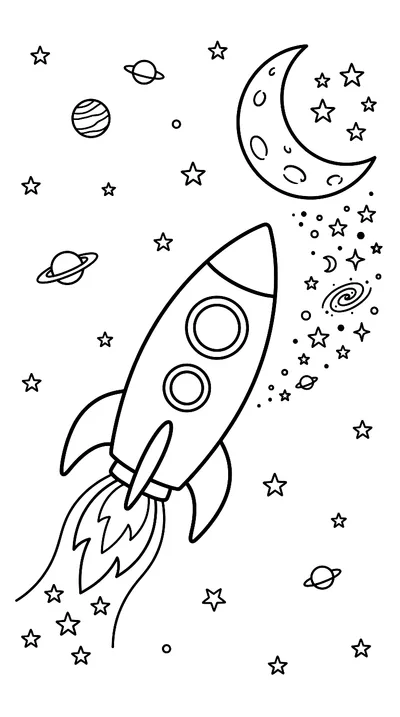 Ausmalbild: Rakete fliegt zum Mond, einfacher Stil