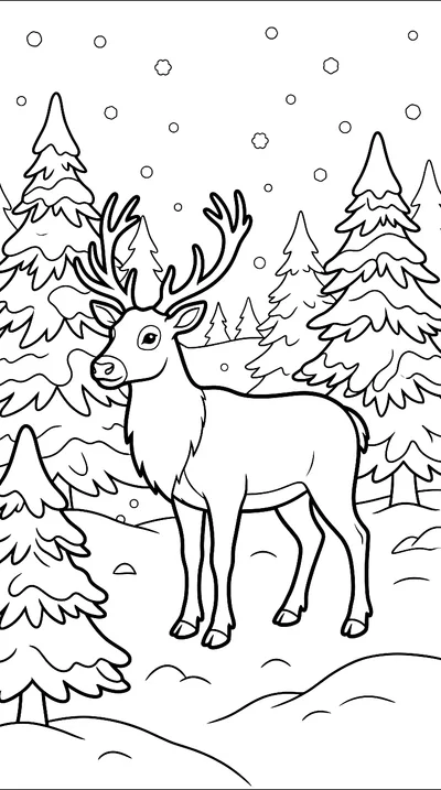 Ausmalbild: Rentier im verschneiten Wald