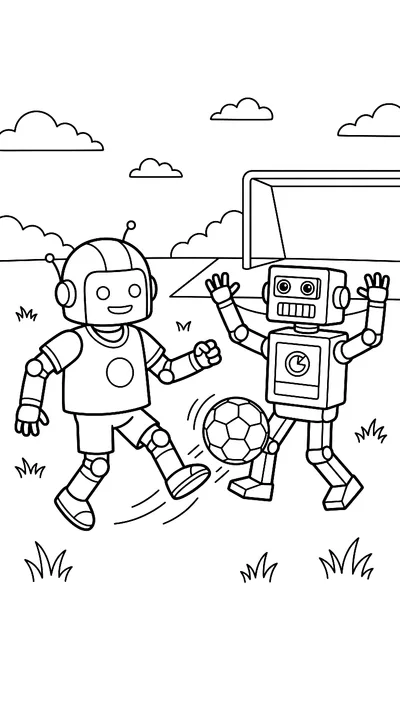 Ausmalbild: Zwei Roboter spielen Fußball, einfacher Stil