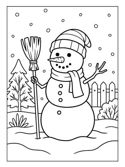 Ausmalbild: Schneemann im verschneiten Garten