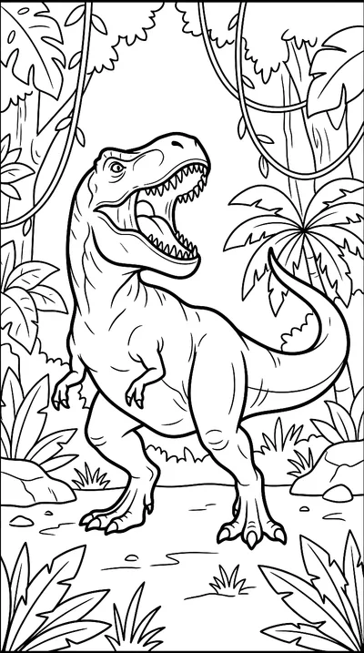 Ausmalbild: brüllender T-Rex im Dschungel