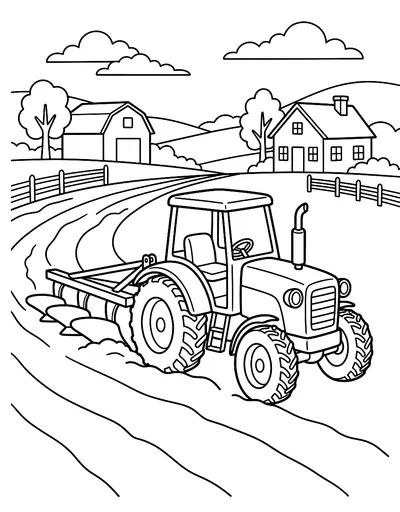 Ausmalbild: Traktor pflügt auf dem Bauernhof