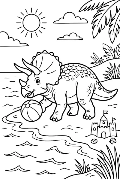 Ausmalbild: Triceratops spielt am Strand