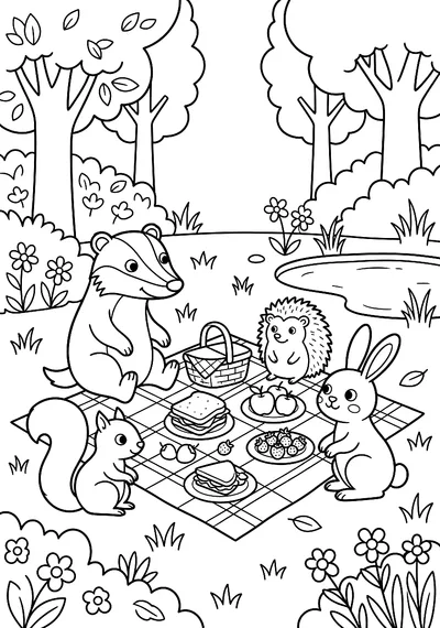 Ausmalbild: Waldtiere machen ein Picknick, einfacher Stil