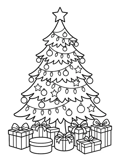 Ausmalbild: geschmückter Weihnachtsbaum mit Geschenken
