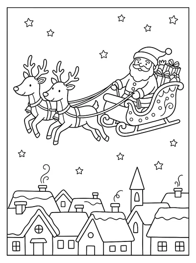 Ausmalbild: Weihnachtsmann fliegt mit dem Schlitten über die Dächer
