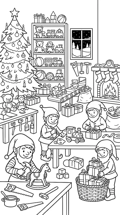 Ausmalbild: Wichtel arbeiten in der Weihnachtswerkstatt